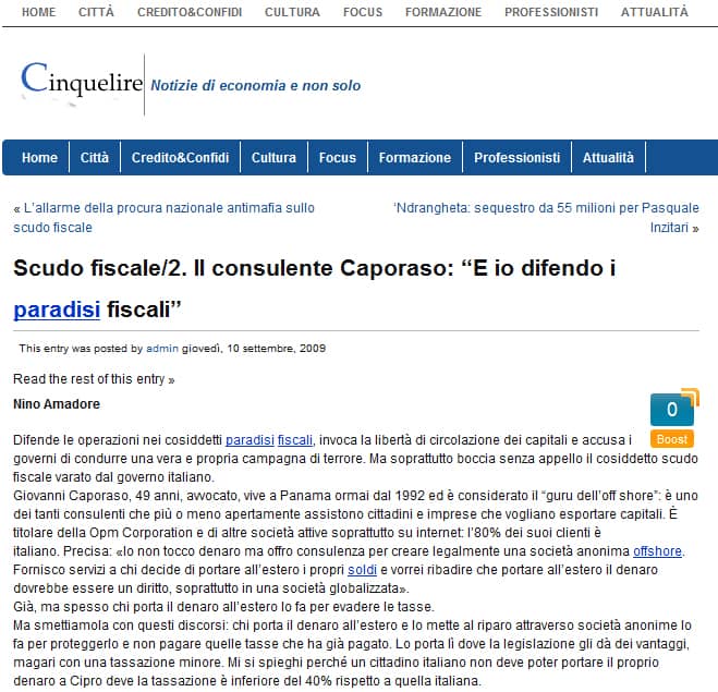Scudo fiscale. Il consulente Caporaso: “E io difendo i paradisi fiscali”