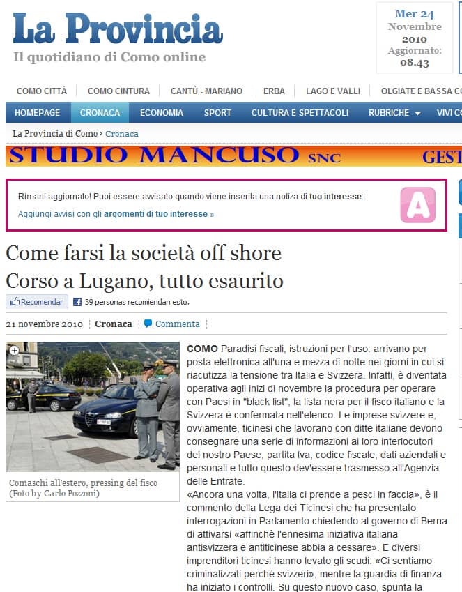 Come farsi la società off shore, corso a Lugano, tutto esaurito