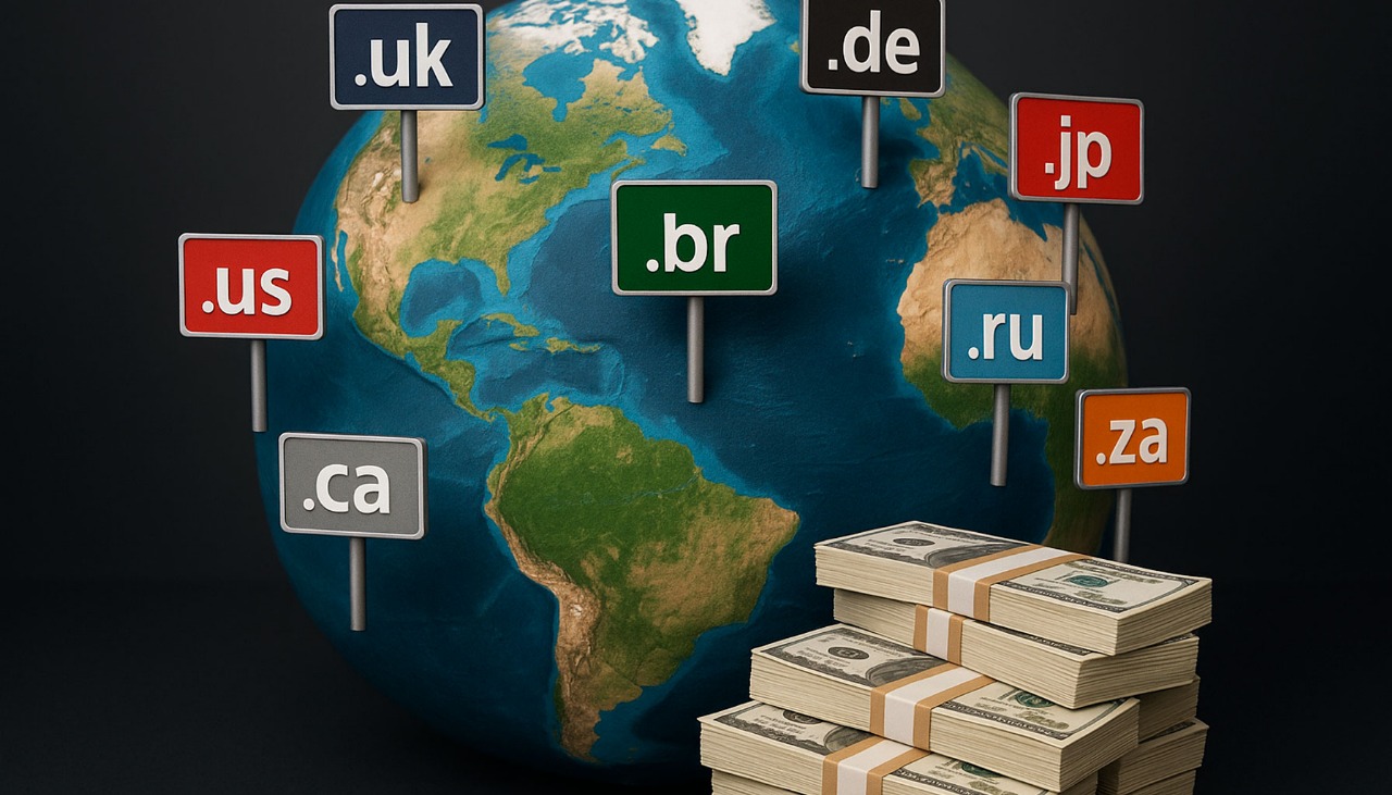 Globo terráqueo con dominios de código de país (.uk, .jp, .us, .br) y fajos de billetes, representando el valor comercial de los TLDs.