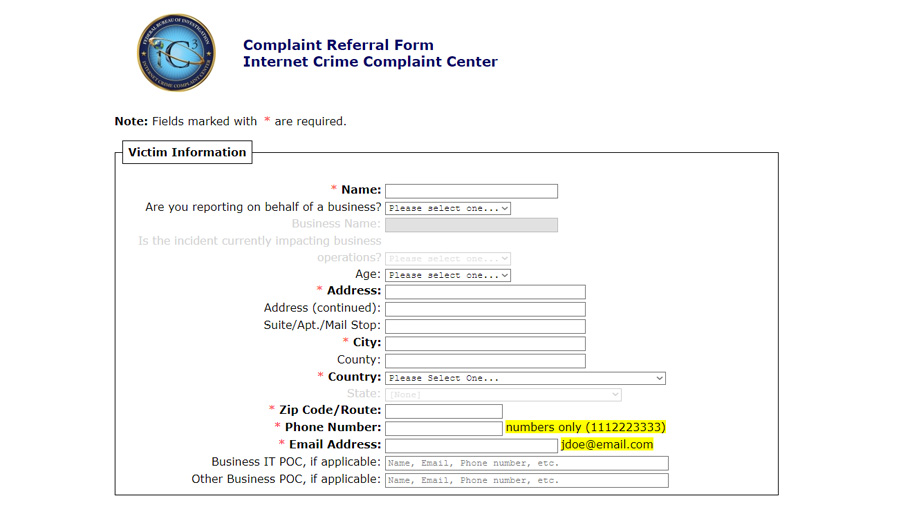 Internet Crime Complaint Center Formulario